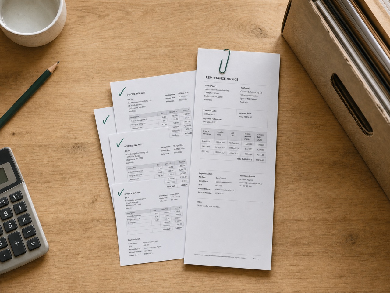 A remittance advice clipped to the three invoices it covers